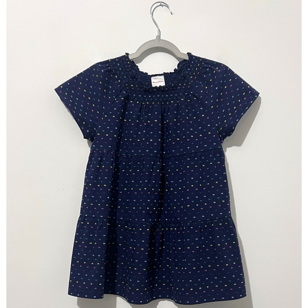 Hanna Andersson Twirly Poplin Popover Girls 130 US 8 Navy Pink Short Sleeve Tee